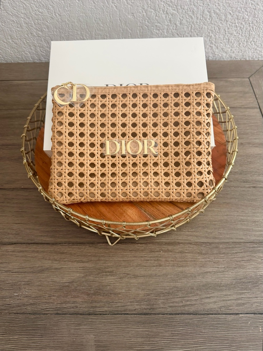 Dior Tan Woven Raffia Clutch with Gold Logo